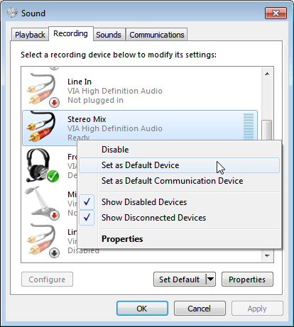 Set stereo mix as the default device