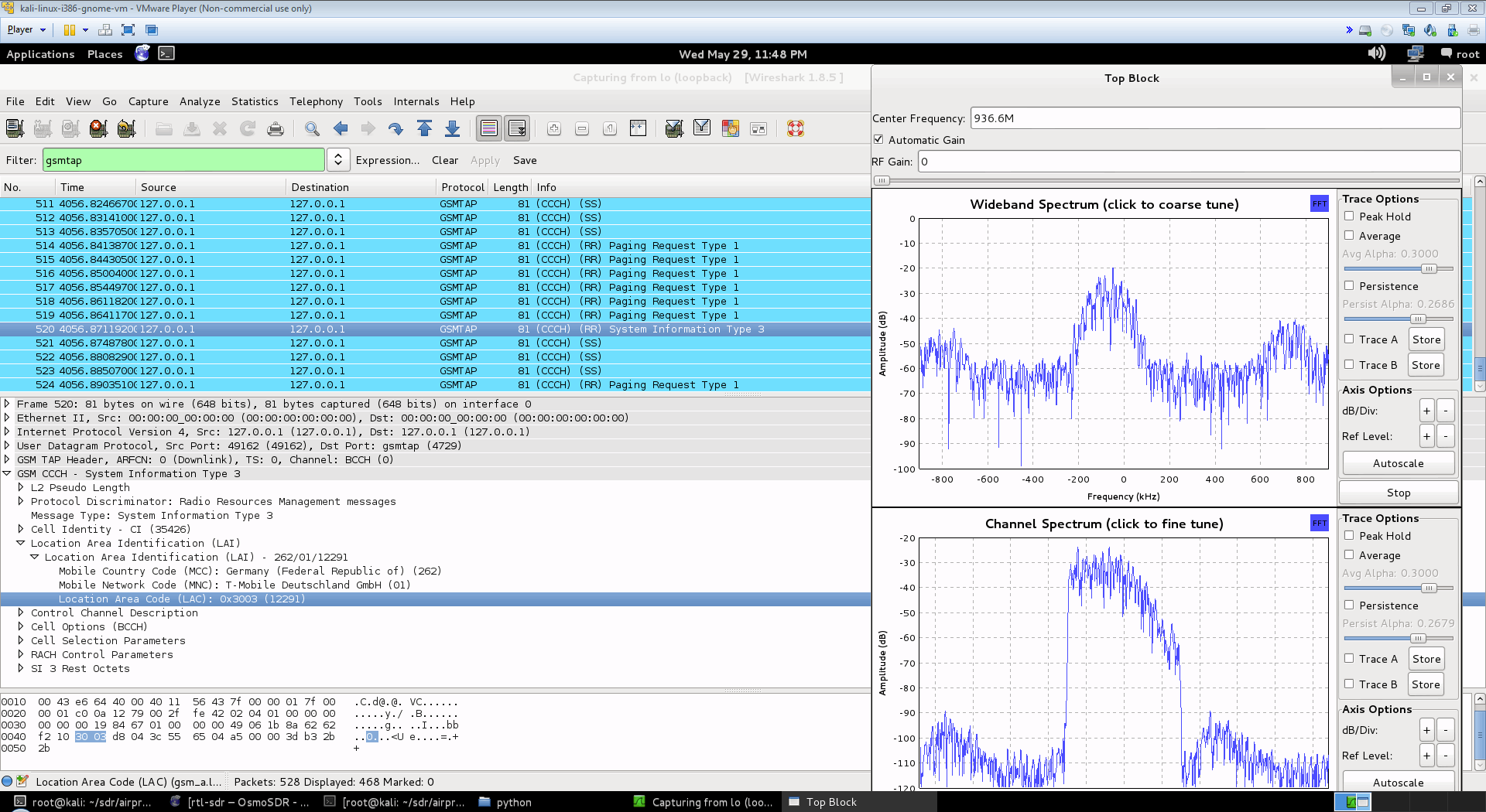 Kali Linux with Airprobe and Wireshark and RTL-SDR Software Defined Radio