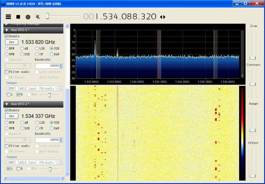 Monitoring two C-Band channels in SDR# with the AUX VFO plugin.