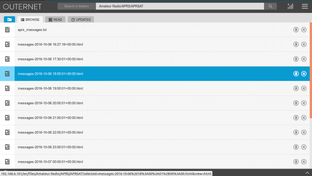 An example of some received APRS messages from the Outernet.