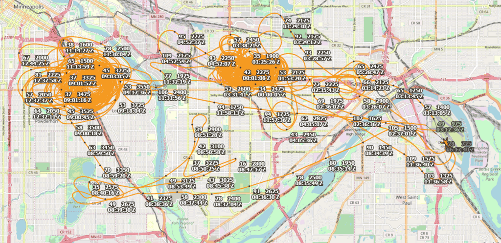 Police helicopter historical tracks over Minneapolis via adsb-exchange.com