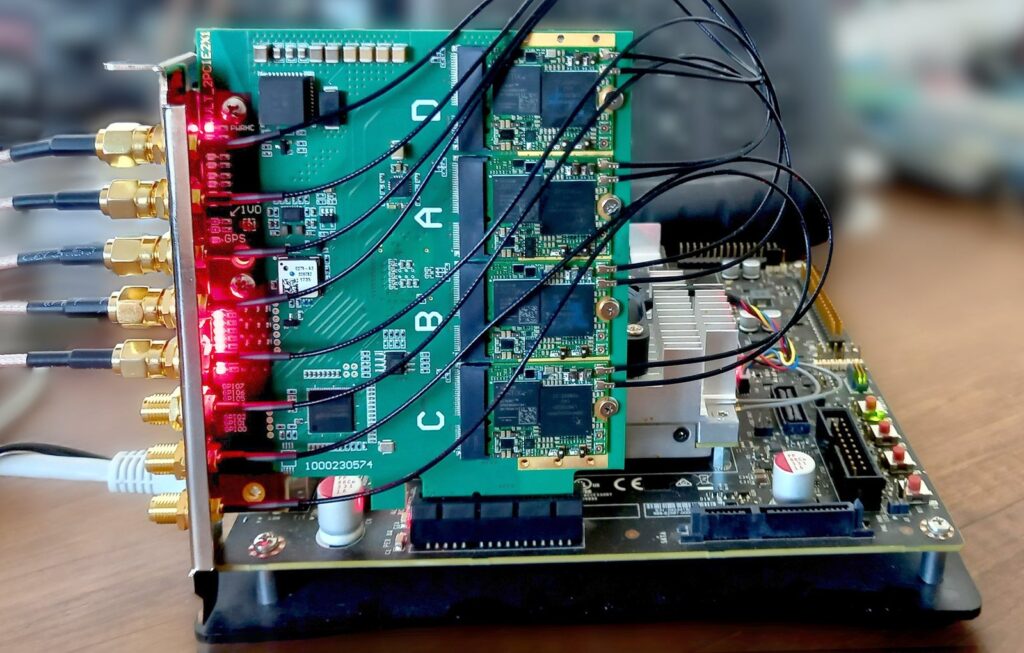 The xMASS SDR board connected via PCIe on a motherboard.